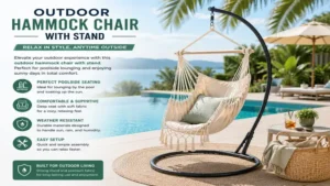 Outdoor hammock chair with stand near a pool offering a stylish and comfortable seating option