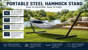 Portable steel hammock stand that is easy to assemble and move around outdoor spaces