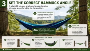Setting the correct 30-degree angle for how to hang a hammock between trees comfortably.