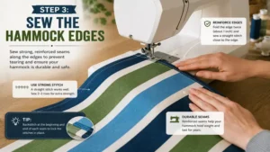 Sewing reinforced edges during how to make a hammock