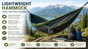 Lightweight hammock featuring a compact design that is easy to carry for hiking, camping, and travel