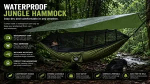 Waterproof jungle hammock with a rain tarp for reliable shelter in wet outdoor conditions.