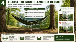 Adjusting hammock height for a safe and comfortable setup when learning how to hang a hammock between trees.