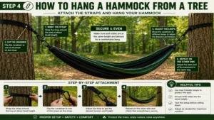 How to hang a hammock from a tree with secure strap attachment and proper tension