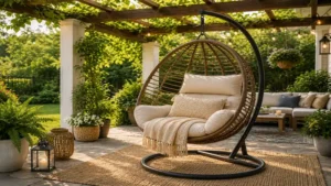 Chair swings outdoor suspended beneath a wooden pergola with climbing vines for a shaded outdoor retreat