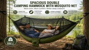 Spacious double camping hammock with mosquito net providing comfortable outdoor sleeping.