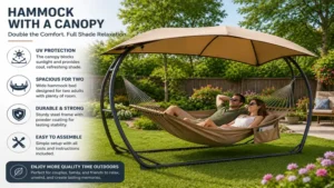 Double hammock with a canopy designed for two adults enjoying spacious comfort and shaded relaxation in the garden.