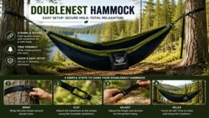 Doublenest hammock being securely attached to trees using durable suspension straps.