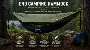 ENO camping hammock protected by a waterproof rainfly during rainy weather