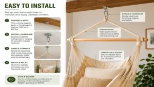 Hammock chair hammock chair securely installed with durable hanging hardware and strong support for safe use.