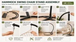 Step-by-step assembly guide for a hammock swing chair stand with easy installation instructions.