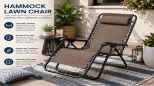 Modern hammock lawn chair on a patio with outdoor cushions and decorative plants.