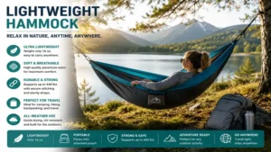 Lightweight hammock hanging beside a scenic lake, providing a peaceful place to rest in nature
