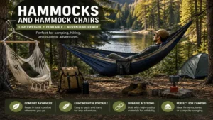 Hammocks and hammock chairs providing comfortable seating and sleeping options at a forest campsite