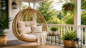 Rattan hanging porch chair adding a natural and stylish touch to a porch