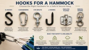 Different types of hooks for a hammock including carabiners, eye bolts, and hanging hardware.
