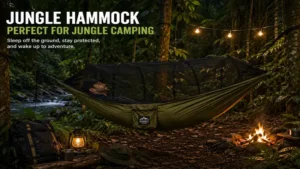 jungle hammock set up at a rainforest campsite for comfortable overnight camping.