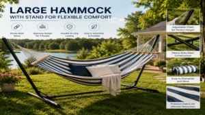 Large hammock attached to a freestanding metal stand for flexible placement