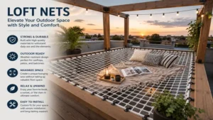 Loft nets installed between structural beams for a unique rooftop relaxation area.