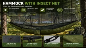 Hammock with insect net creating a protected sleeping space in a forest environment