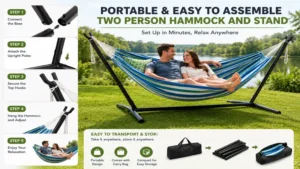 Portable two person hammock and stand that is quick to assemble and easy to move.