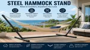 Steel hammock stand positioned on a patio creating a cozy outdoor retreat