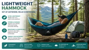 Lightweight hammock installed at a forest campsite with durable straps and outdoor gear nearby