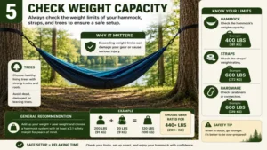 Checking the weight capacity before using a hammock between trees for added safety.