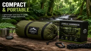Compact jungle hammock packed into a portable carry bag for easy transport.