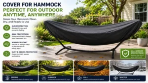 cover for hammock protecting an outdoor hammock in a backyard garden throughout the seasons
