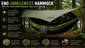 Eno junglenest hammock paired with a rainfly for weather protection in the outdoors