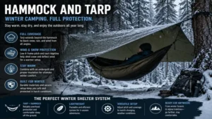 Hammock and tarp used for winter camping with full overhead protection from the elements.