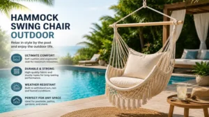 Woven hammock swing chair outdoor beside a swimming pool, perfect for lounging on sunny days.