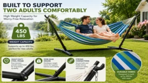 Close-up of a two person hammock and stand built to support two adults comfortably.