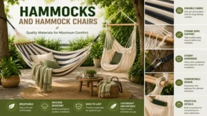 Hammocks and hammock chairs made with durable fabric, sturdy ropes, and weather-resistant materials