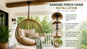 Securely installed hanging porch chair suspended from a sturdy ceiling beam