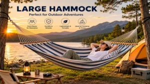 Large hammock used for camping and outdoor adventures in a scenic natural setting