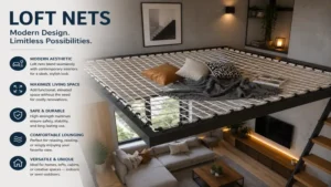 Loft nets enhancing a contemporary interior with an elevated lounging platform.