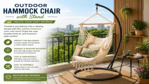 Outdoor hammock chair with stand on a balcony creating a cozy retreat with scenic views