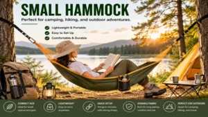 small hammock hanging between trees at a campsite for outdoor comfort