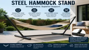 Steel hammock stand with a durable powder-coated frame for weather resistance