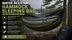 water resistant hammock sleeping bag used in rainy outdoor camping conditions