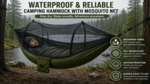 Waterproof camping hammock with mosquito net protecting campers during overnight adventures.