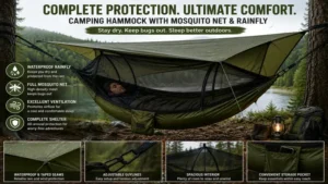 camping hammock with mosquito net and rainfly creating a complete shelter system in the wilderness.