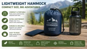 Lightweight hammock folded into a compact storage pouch for convenient transport and space-saving storage
