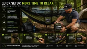 Eno junglenest hammock highlighting breathable fabric, durable suspension, and integrated bug net