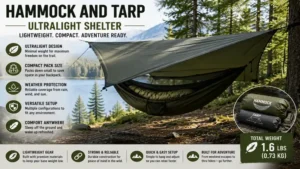 Hammock and tarp ultralight shelter designed for minimalist backpacking and camping.