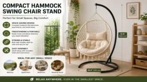 Compact hammock swing chair stand designed for balconies, apartments, and other small spaces.