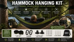 hammock hanging kit used outdoors in a backyard campsite with weather-resistant materials