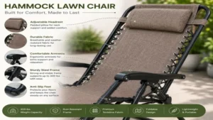 Close-up of a hammock lawn chair highlighting the durable fabric and sturdy frame construction.